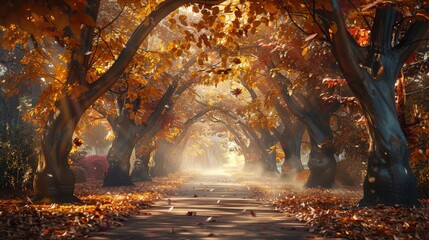 Beautiful romantic alley in a park with colorful trees and sunlight. autumn natural background - obrazy, fototapety, plakaty