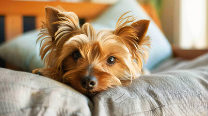 Portrait of pet York dog lying on pillow.