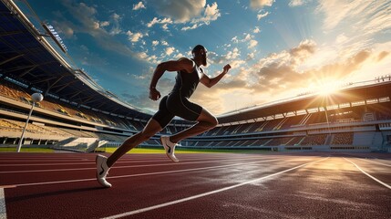 Athlete runs on the stadium track, captured in motion blur during a lively competition