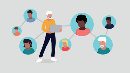 Vektor-Illustration eines Mannes, der in einem sozialen Netzwerk verbunden ist - soziales Netzwerk-Konzept