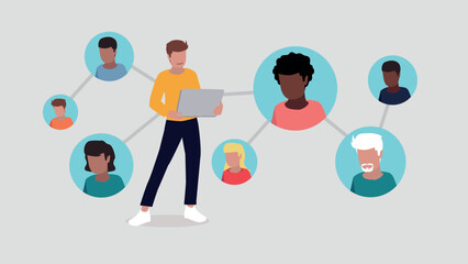 Vektor-Illustration eines Mannes, der in einem sozialen Netzwerk verbunden ist - soziales Netzwerk-Konzept