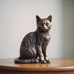 Bronze statuette of a cat, facing into camera on a wooden table, front view, blurred light gray solid background
