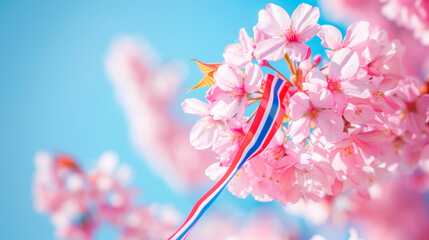 Norwegian national ribbon on cherry blossoms for 17th May celebration. - obrazy, fototapety, plakaty