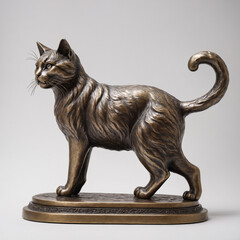 Bronze statuette of a cat on a pedestal, side view, white or light grey solid background