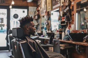 a man is sitting in haircutting chair in a barber shop. generative ai - obrazy, fototapety, plakaty