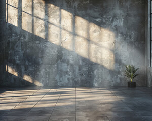 Modern industrial interior with sunlight casting shadows on concrete wall and plant in corner. Contemporary urban design with space for text. Architectural and interior concept for design and print