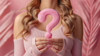 Girl holding a pink question mark on a pink background