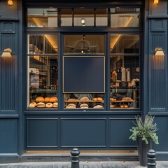 shows the exterior of a stylish, dark blue storefront, presumably of a bakery or cafe given the visible bread and pastries behind the large glass window.