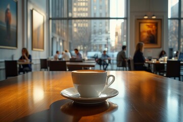 Coffee cup on table in front of people in coffee shop, cozy atmosphere, socializing over drinks - obrazy, fototapety, plakaty