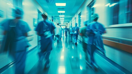 Fototapeta premium Blurred motion of diverse doctors and medical staff in busy hospital corridor, copy space. Hospital, medical, and healthcare services.