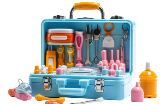 Blue toy Suitcase. A blue suitcase is open and stuffed with a wide array of different items, creating a cluttered and eclectic scene. on a White or Clear Surface PNG Transparent Background. - Powered by Adobe