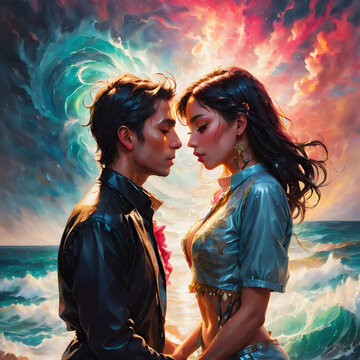 Splash oil painting colorful couple in love with sea background