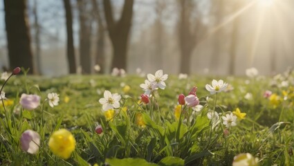 Closed up of a variety spring flowers blooming under a tranquil dreamy sun light in a spring morning
