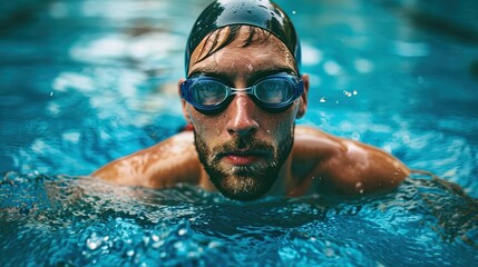 Fototapeta premium Male swimmer in goggles and a rubber cap glides through the pool water, man in the pool