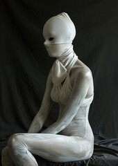 Seated person covered entirely in white fabric with a single eye opening, against a dark background. Surreal and mysterious figure concept for artistic expression and gallery display