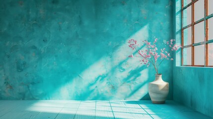 Cherry blossom pots and emerald green wall. Generative AI