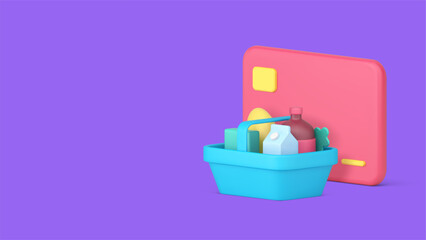 Obraz premium Supermarket grocery shopping food basket card payment banner copy space 3d icon realistic vector