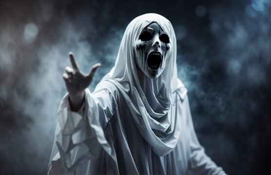 Horror white undead ghost screaming on black background