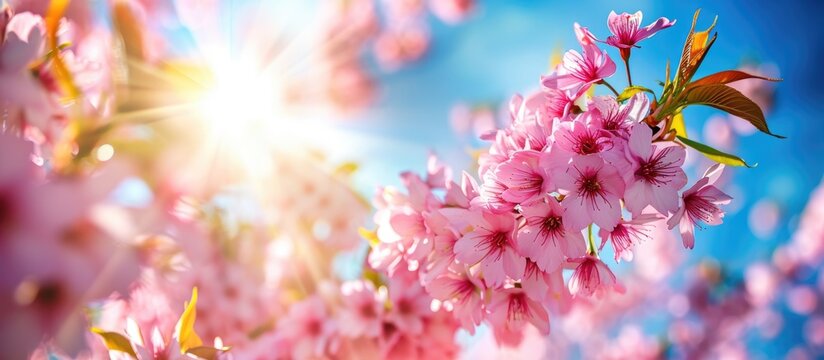 Stunning pink blossoms thrive amidst nature's beauty and sunny skies.