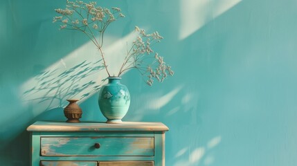 Emerald green wall photography and ceramic pots. Generative AI