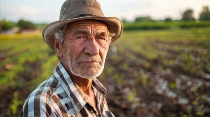 Naklejka na ściany i meble Picture of a farmer on an agricultural field with crops in an agricultural field.