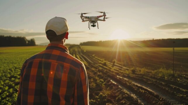 A farmer uses a drone to navigate above the fields of organic produce as seen from an aerial drone view.