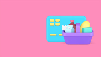 Groceries shopping card payment cashless purchase banner copy space 3d icon realistic vector