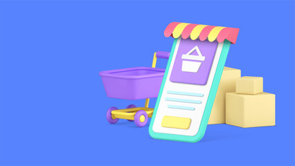 Online shopping smartphone marketplace order purchase banner copy space 3d icon realistic vector