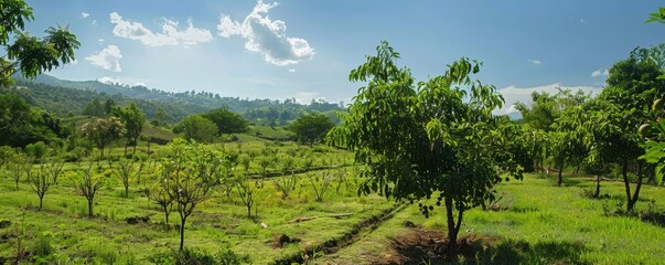 Expansive view of a green farm landscape dotted with young fruit trees under a clear blue sky.