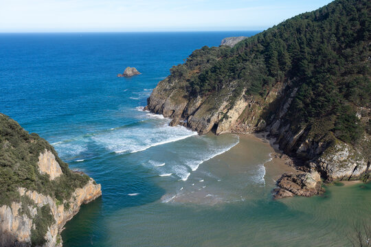 Aerial view of the Tina Menor estuary in the Pechon peninsula in cantabria, Spain, since Tina Menor viewpoint in a sunny day.