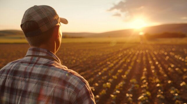 A farmer on an agricultural field Standing on farmland against the beautiful evening sunset sun, back view