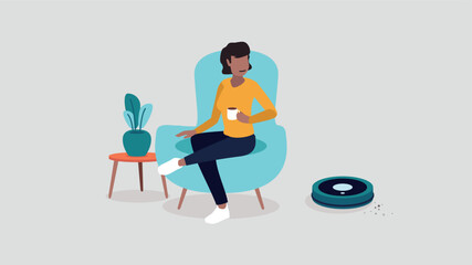 Vektor-Illustration einer Person, die in einem Stuhl entspannt, während der Roboter Staubsauger das Haus reinigt - smart home Konzept