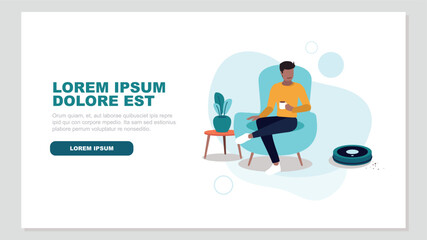 Vektor-Illustration einer Person, die in einem Stuhl entspannt, während der Roboter Staubsauger das Haus reinigt - smart home Konzept