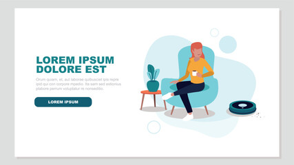 Vektor-Illustration einer Person, die in einem Stuhl entspannt, während der Roboter Staubsauger das Haus reinigt - smart home Konzept