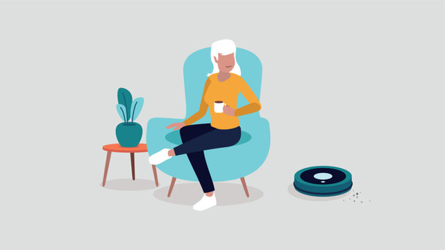 woman relaxing, holding coffee, robot vacuuming clip art preview