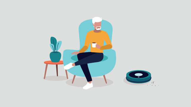 man relaxing, drinking coffee, robot vacuuming clip art preview