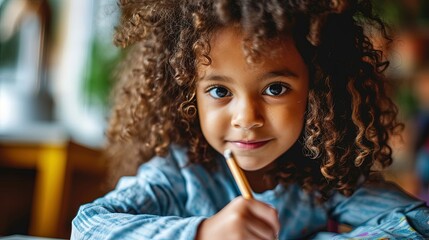 Cute little curly haired dark skinned girl, child, joyfully writing or drawing with a pen in a notebook while seated at a desk