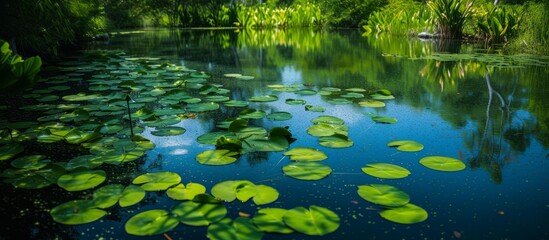 Tranquil pond with beautiful water lilies and a serene boat in the background