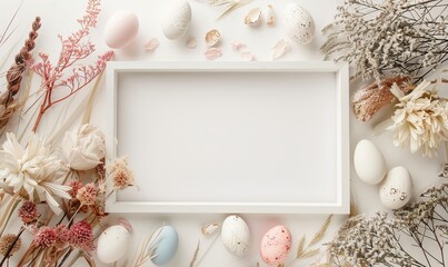 Background with Easter eggs and dried flowers, boho style. With white frame in the middle. Copyspace for your text.