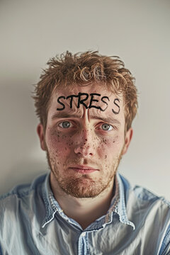 A man with word Stress on his forehead