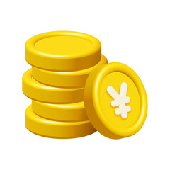 3d stack of japanese yen coins isolated on white background. Design element illustration PNG.