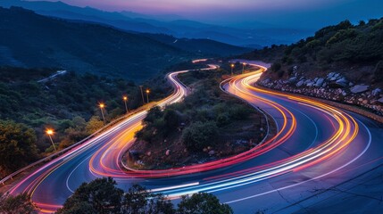 Cars light trails at night in a curve asphalt, mountains road at night, long exposure image
