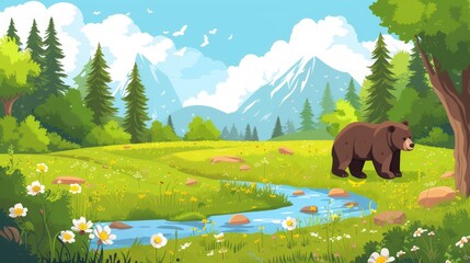 bear near the river illustration.