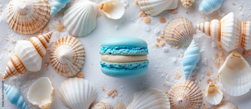 Poster delicious close up of a colorful macaron surrounded by delicate seashells on a vibrant background