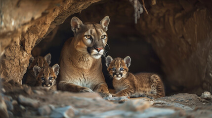 Serene Mountain Lion Mother with Playful Cubs in a Cozy Den: A Heartwarming Wildlife Family Portrait