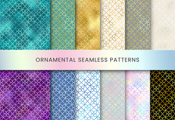 Arabic style seamless patterns set. Vector shiny gold, blue, green, grey, holographic oriental ornaments. Islamic traditional texture for backgrounds, wallpapers, textile patterns, decoration.