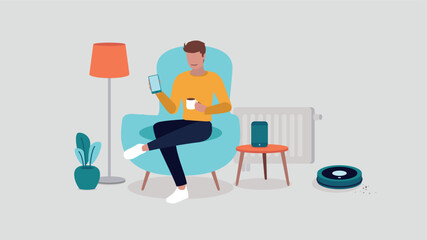 Vektor-Illustration einer Person, die sich in einem Stuhl  entspannt und ein Smartphone in der Hand hält. Sie ist von Smart Home-Objekten umgeben - Smart Home-Konzept © ARNE