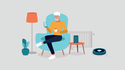 Vektor-Illustration einer Person, die sich in einem Stuhl  entspannt und ein Smartphone in der Hand hält. Sie ist von Smart Home-Objekten umgeben - Smart Home-Konzept © ARNE