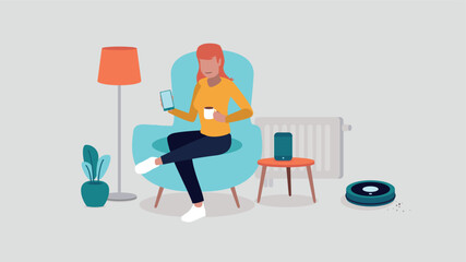 Vektor-Illustration einer Person, die sich in einem Stuhl  entspannt und ein Smartphone in der Hand hält. Sie ist von Smart Home-Objekten umgeben - Smart Home-Konzept © ARNE