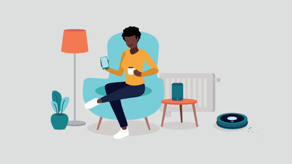 Vektor-Illustration einer Person, die sich in einem Stuhl  entspannt und ein Smartphone in der Hand hält. Sie ist von Smart Home-Objekten umgeben - Smart Home-Konzept